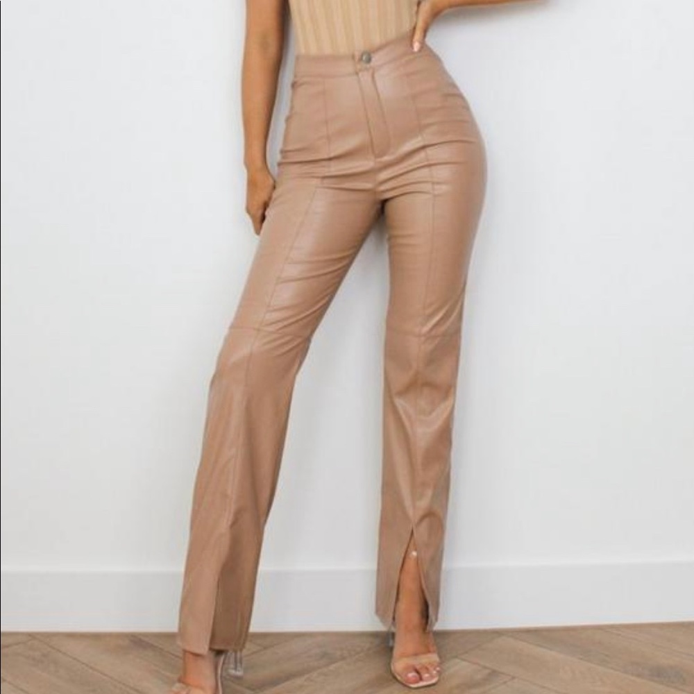 mocha faux leather split front pants